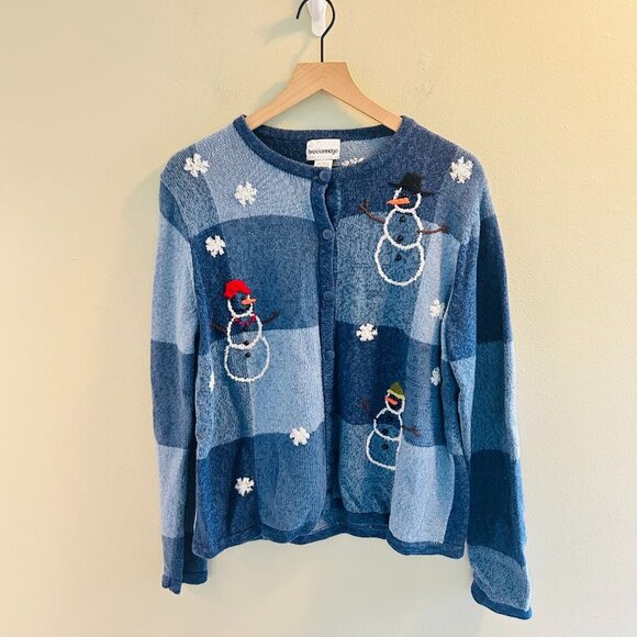 Breckenridge Snowman Cardigan Womens Size Large Vintage Blue Applique Sweater - Picture 11 of 11